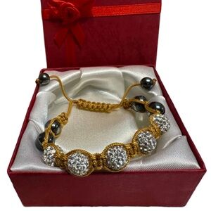 MACRAME BEADED BRACELET CRYSTAL PAVE DESIGN SILVER/CAMEL WITH GIFT BOX